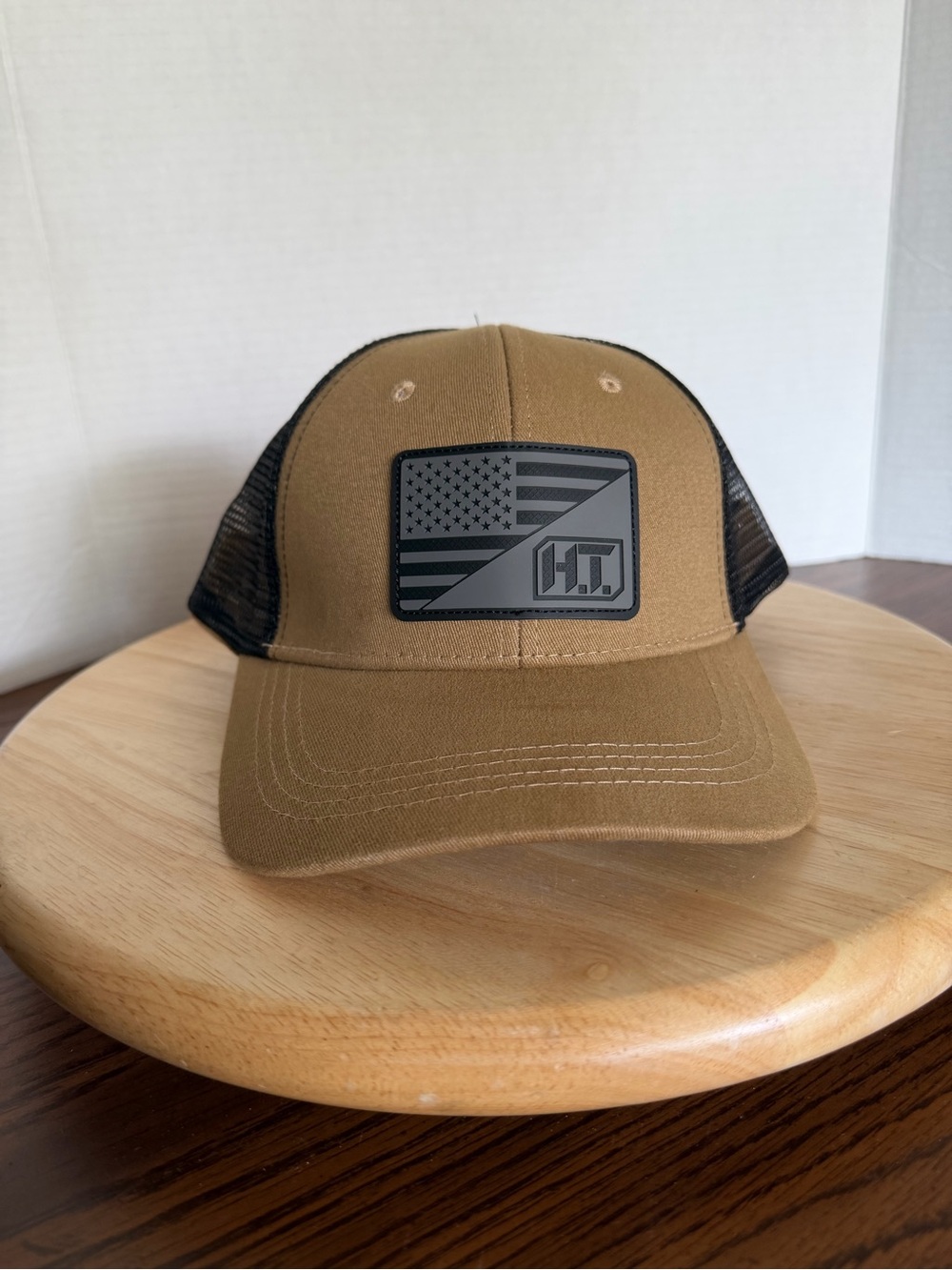 Highland Tactical Trucker Hat American Flag Patch Tan Black Mesh Snapback Cap